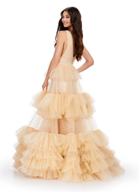 Tiered Tulle Ruffle Evening Gown V-Neck A-Line Prom Dresses Ms2602042