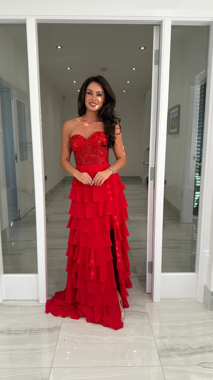 Red Stunning Evening Gown with Side Slit Strapless Prom Dress Ms26013010