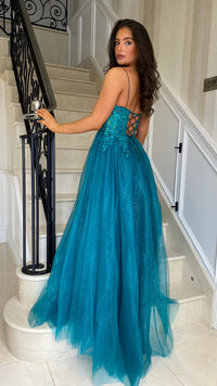 Glitter Tulle Prom Dress Spaghetti Straps Lace Corset High Slit Evening Gown Ms2601302