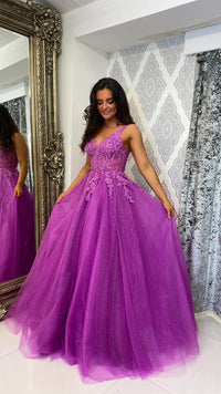Lavender Lace Glitter Tulle Prom Dress Corset Formal Evening Gown Ms2601301