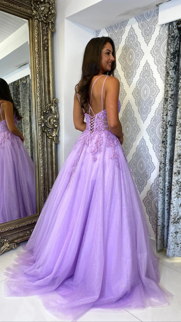 Lavender Lace Glitter Tulle Prom Dress Corset Formal Evening Gown Ms2601301