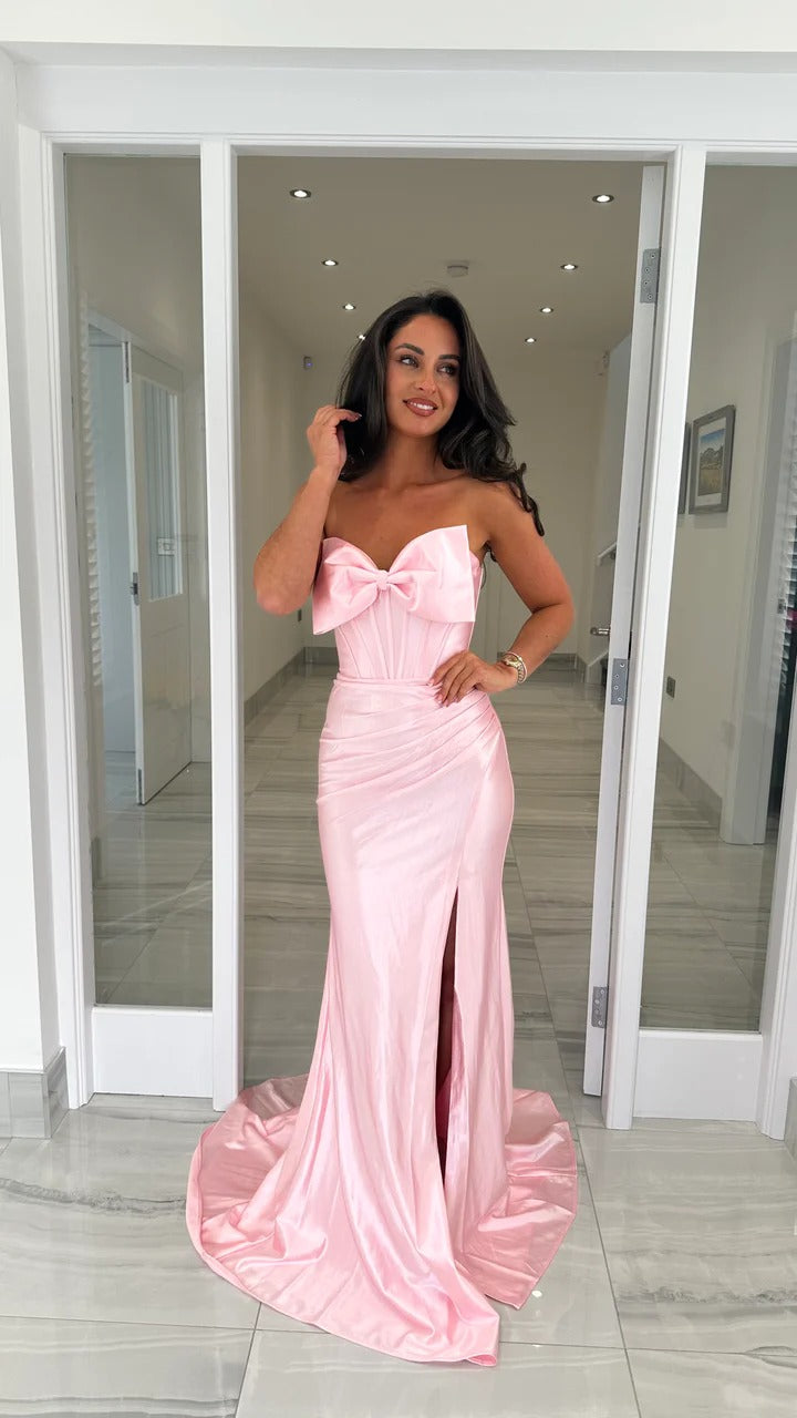 Pink Satin Evening Gown with Bow Corset High Slit Mermaid Prom Dress Ms2601308