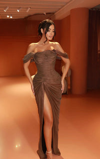 Brown Off Shoulder Ruched Evening Dress High Slit Bodycon Party Gown Ms2642303