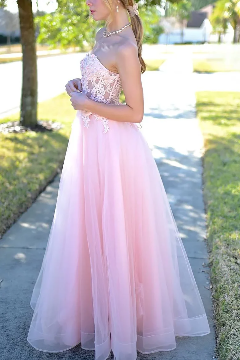 Pink Strapless Prom Dress Lace Applique A Line Evening Gown Ms2508254