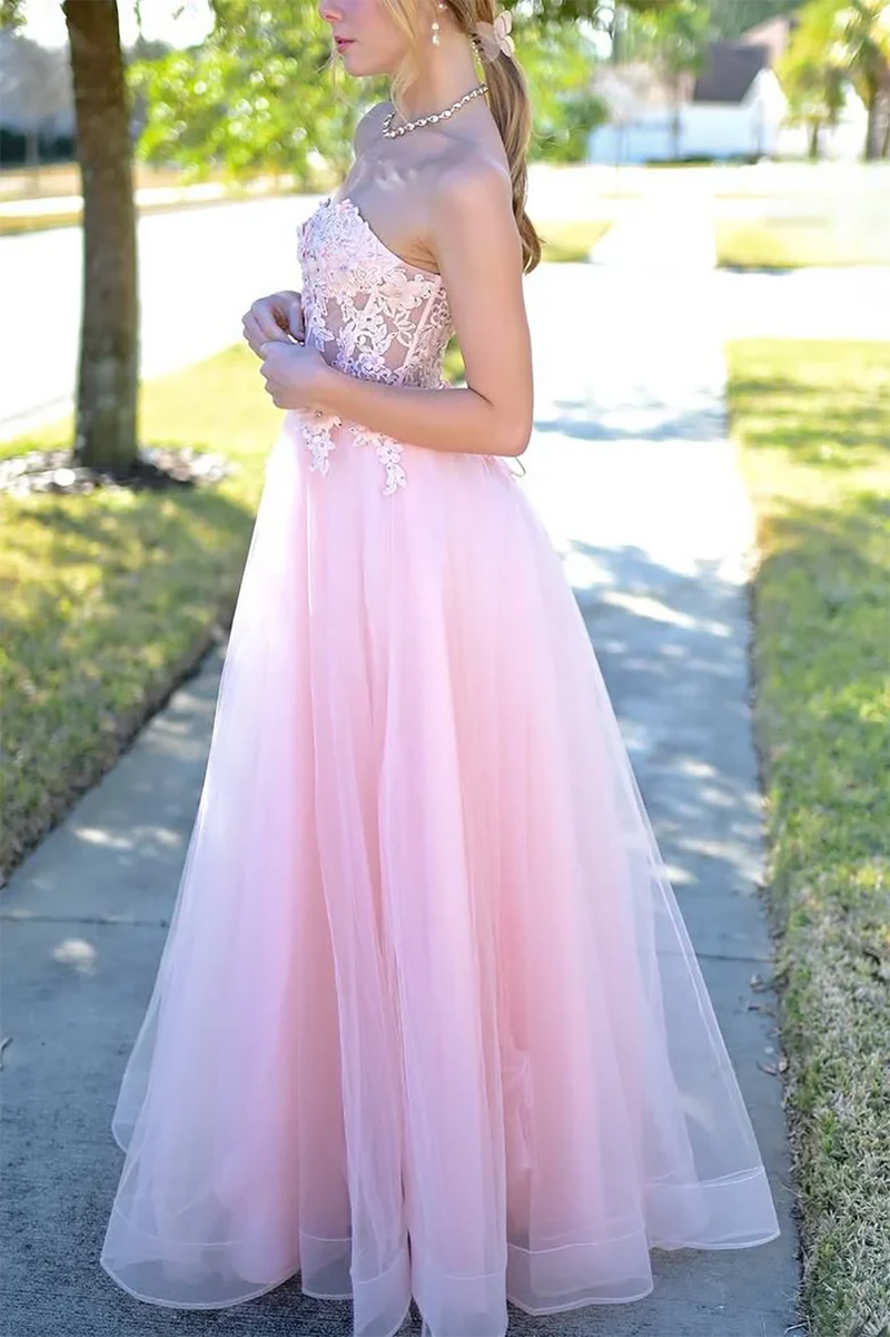 Pink Strapless Prom Dress Lace Applique A Line Evening Gown Ms2508254