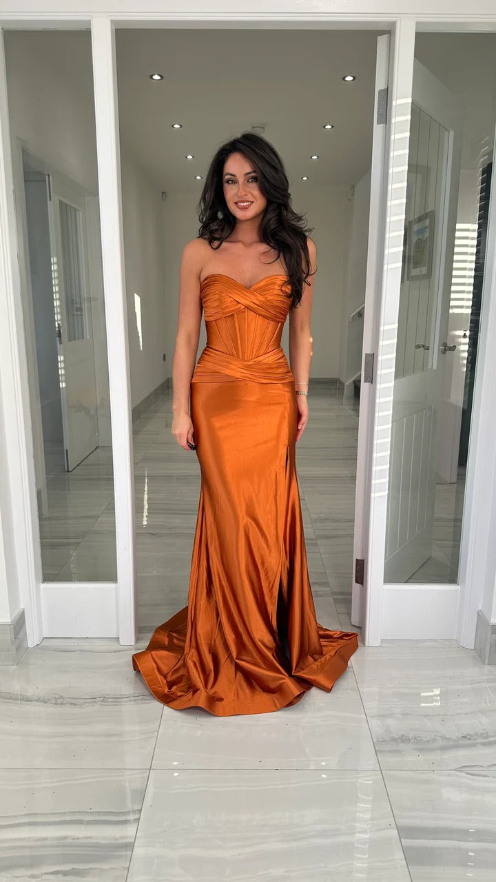 Orange Strapless Satin Corset Evening Gown High Slit Mermaid Prom Dress Ms2601306