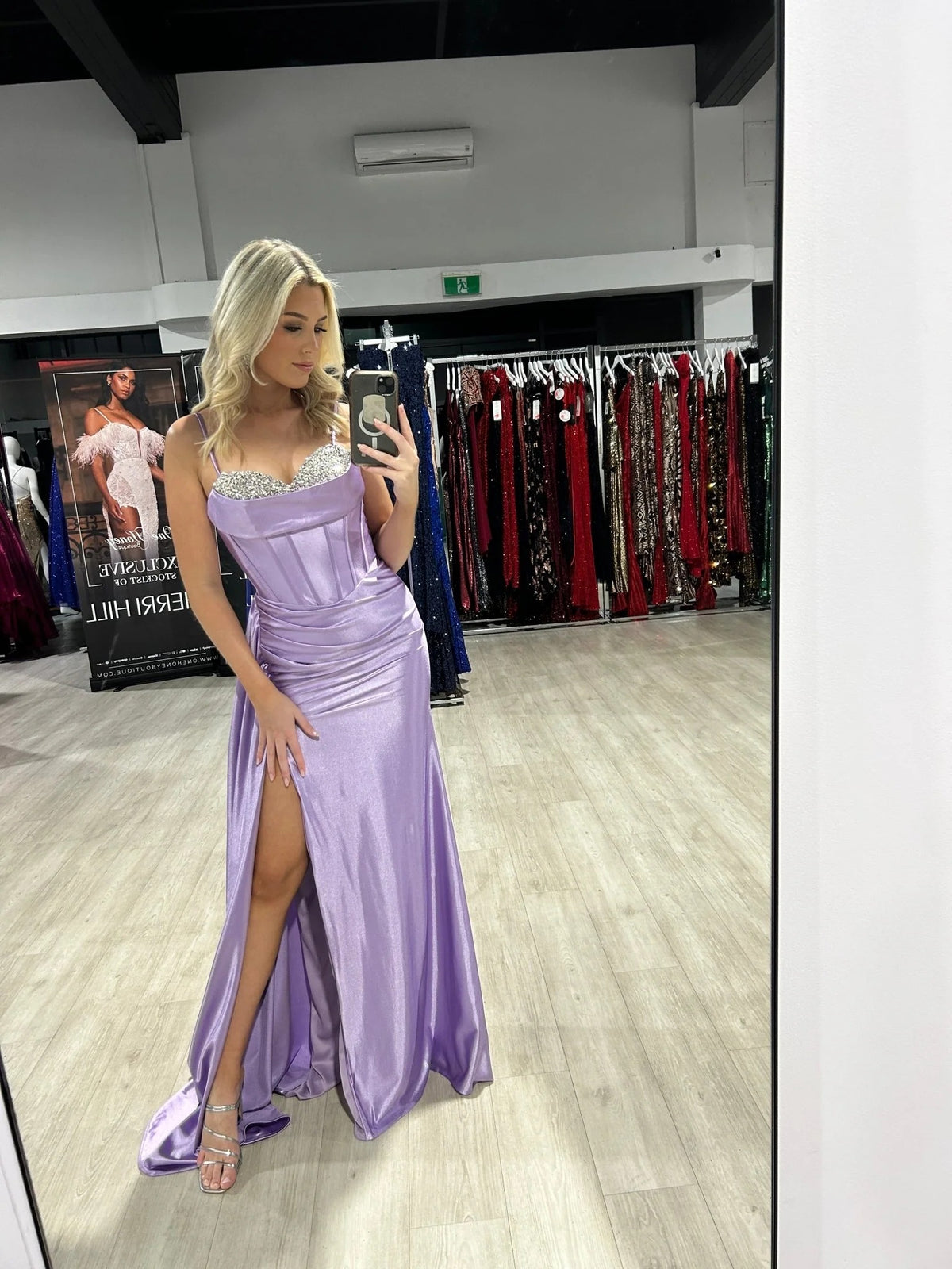 Satin Mermaid Prom Dress Crystal Sexy Slit Spaghetti Strap Formal Evening Dress Ms2601242