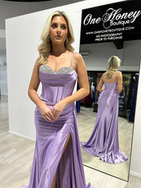 Satin Mermaid Prom Dress Crystal Sexy Slit Spaghetti Strap Formal Evening Dress Ms2601242