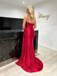 Satin Mermaid Prom Dress Crystal Sexy Slit Spaghetti Strap Formal Evening Dress Ms2601242