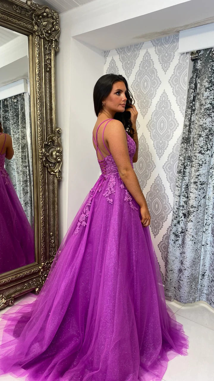 Lavender Lace Glitter Tulle Prom Dress Corset Formal Evening Gown Ms2601301