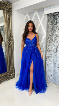 Sequin Lace Prom Dress Spaghetti Straps High Slit Evening Dress Ms2601305