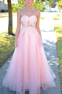 Pink Strapless Prom Dress Lace Applique A Line Evening Gown Ms2508254