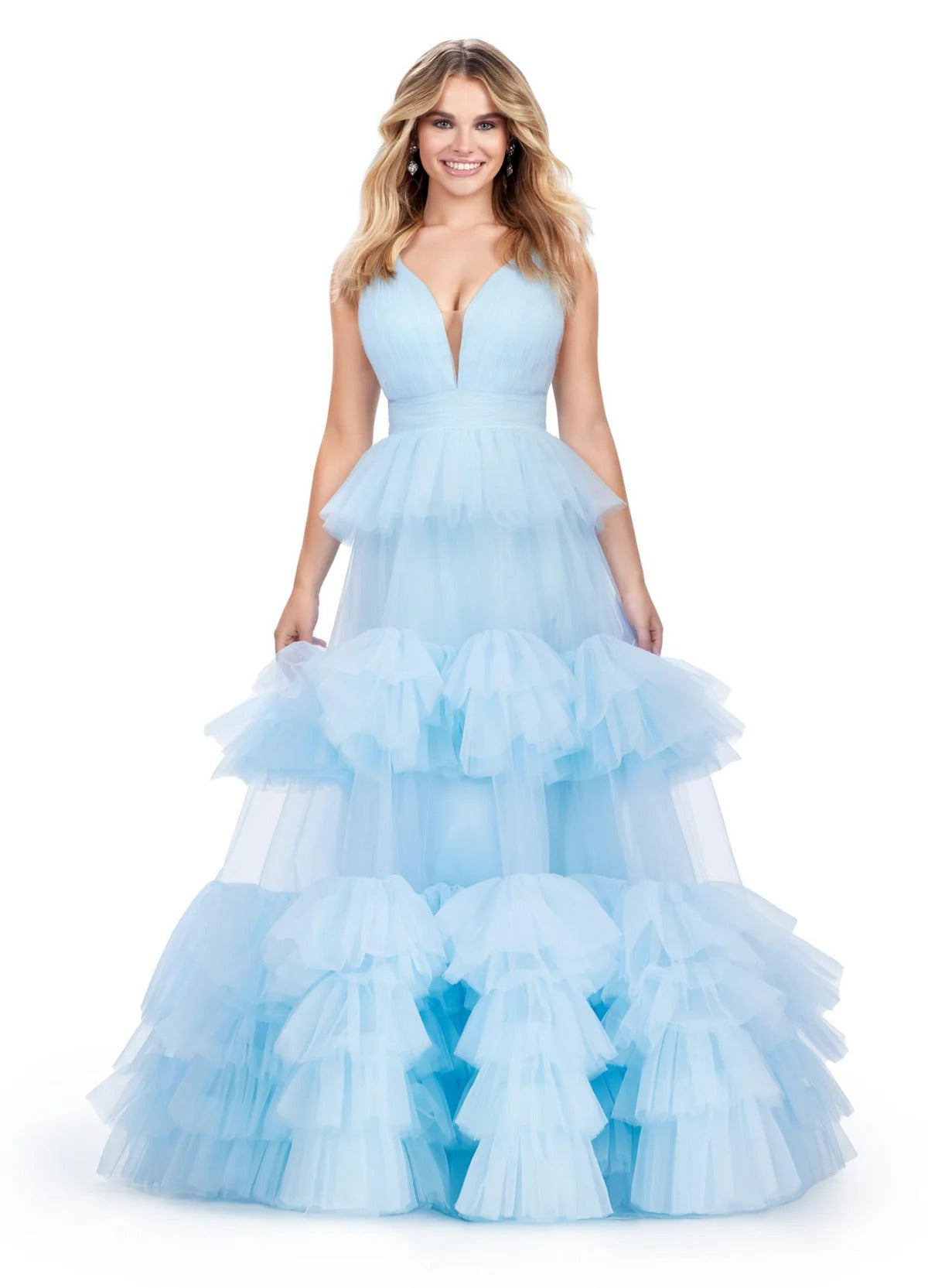 Tiered Tulle Ruffle Evening Gown V-Neck A-Line Prom Dresses Ms2602042