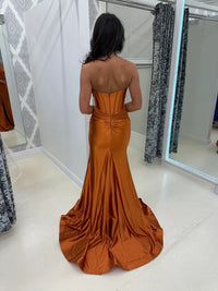 Orange Strapless Satin Corset Evening Gown High Slit Mermaid Prom Dress Ms2601306