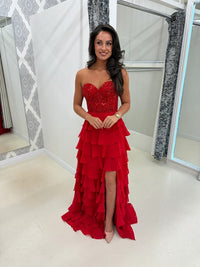 Red Stunning Evening Gown with Side Slit Strapless Prom Dress Ms26013010