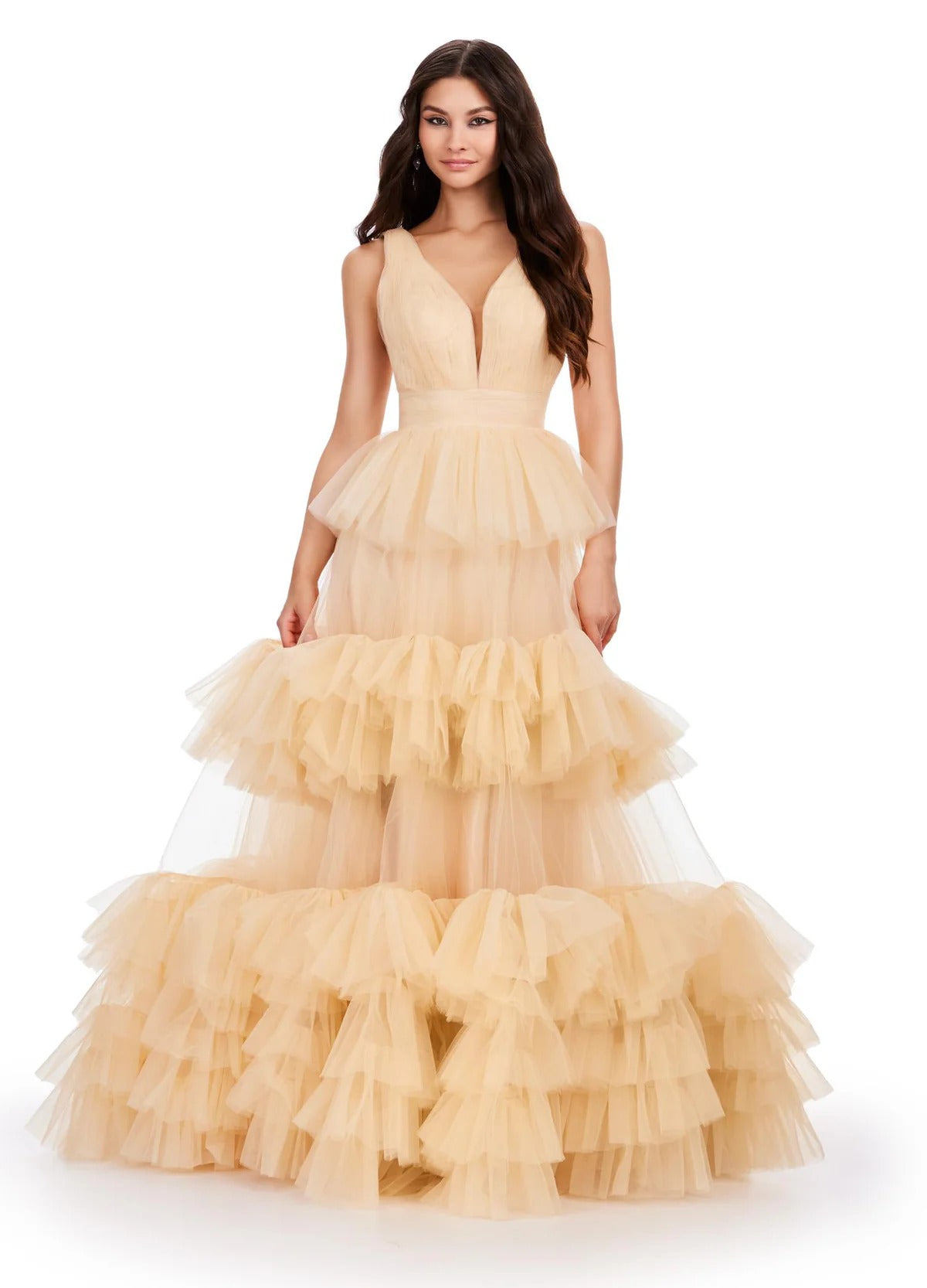 Tiered Tulle Ruffle Evening Gown V-Neck A-Line Prom Dresses Ms2602042