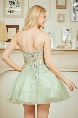 Lace Appliques Beaded Sheer Strapless Homecoming Dress Corset Tulle Short Cocktail Dress Ms2610236