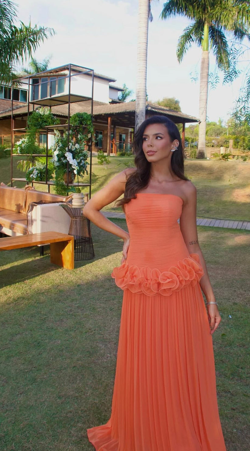 Orange Prom Dress Strapless Pleated Chiffon A Line Formal Evening Gowns Ms2607283