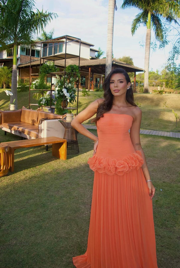 Orange Prom Dress Strapless Pleated Chiffon A Line Formal Evening Gowns Ms2607283