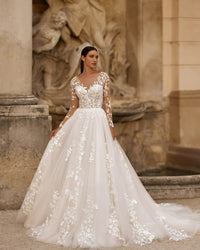 Elegant Long Sleeve Lace Wedding Dress Brides Appliqués Illusion Tulle A-Line Bridal Gown Ms2505203