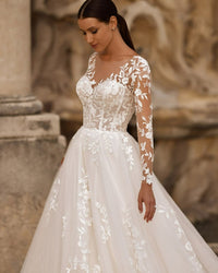 Elegant Long Sleeve Lace Wedding Dress Brides Appliqués Illusion Tulle A-Line Bridal Gown Ms2505203