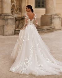 Elegant Long Sleeve Lace Wedding Dress Brides Appliqués Illusion Tulle A-Line Bridal Gown Ms2505203