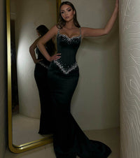 Dark Green Corset Evening Gown Beading Crystal Mermaid Prom Dress Ms2512271