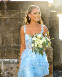 Tiered Lace Mini Prom Dress Sparkly Corset Short Homecoming Dress Cocktail Gown Ms2506074