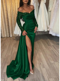 Sequin Long Sleeve Prom Dress Off Shoulder Satin Slit Party Gown Mermaid Evening Dress Ms205111