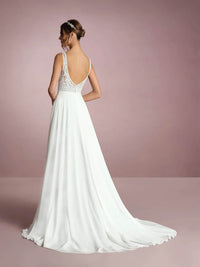 A-Line Wedding Dress V Neck Lace Chiffon High Slit Bridal Gown Ms2509252