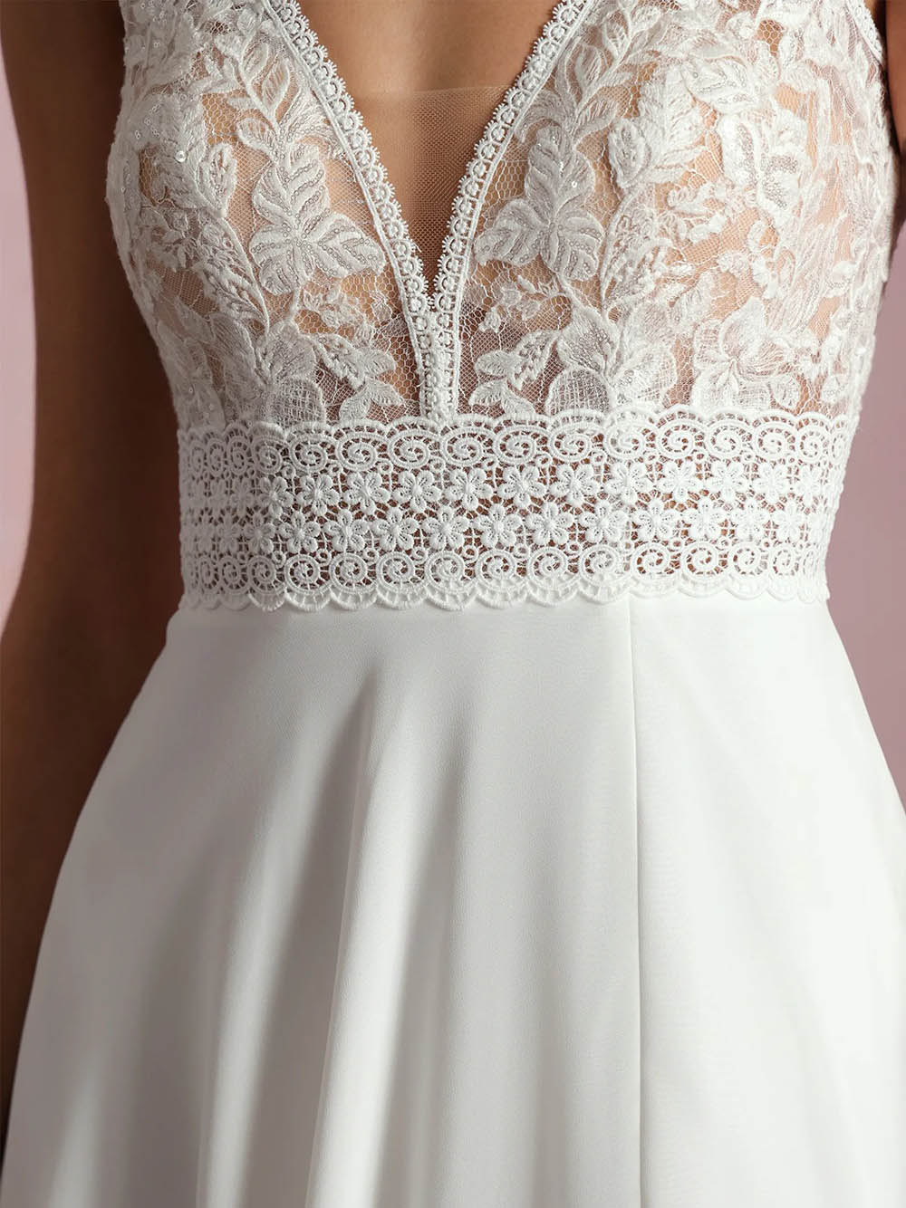 A-Line Wedding Dress V Neck Lace Chiffon High Slit Bridal Gown Ms2509252