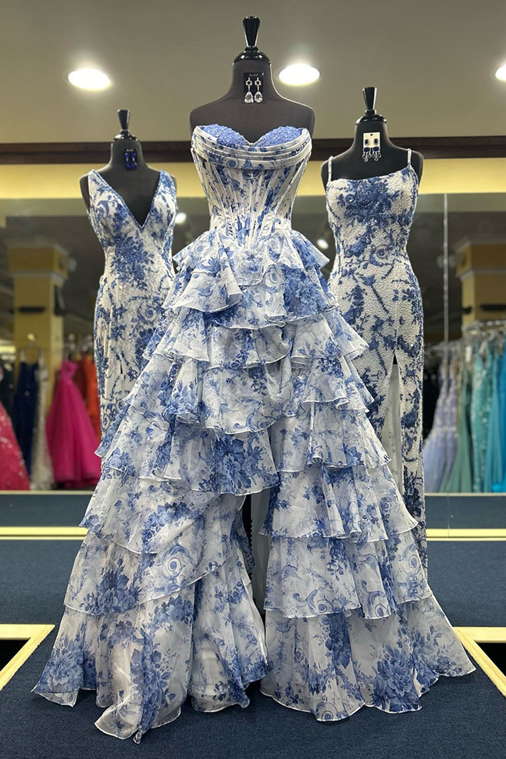 Blue Floral Tiered High Slit Party Gown Romantic Strapless Corset Prom Dress Ms2507112
