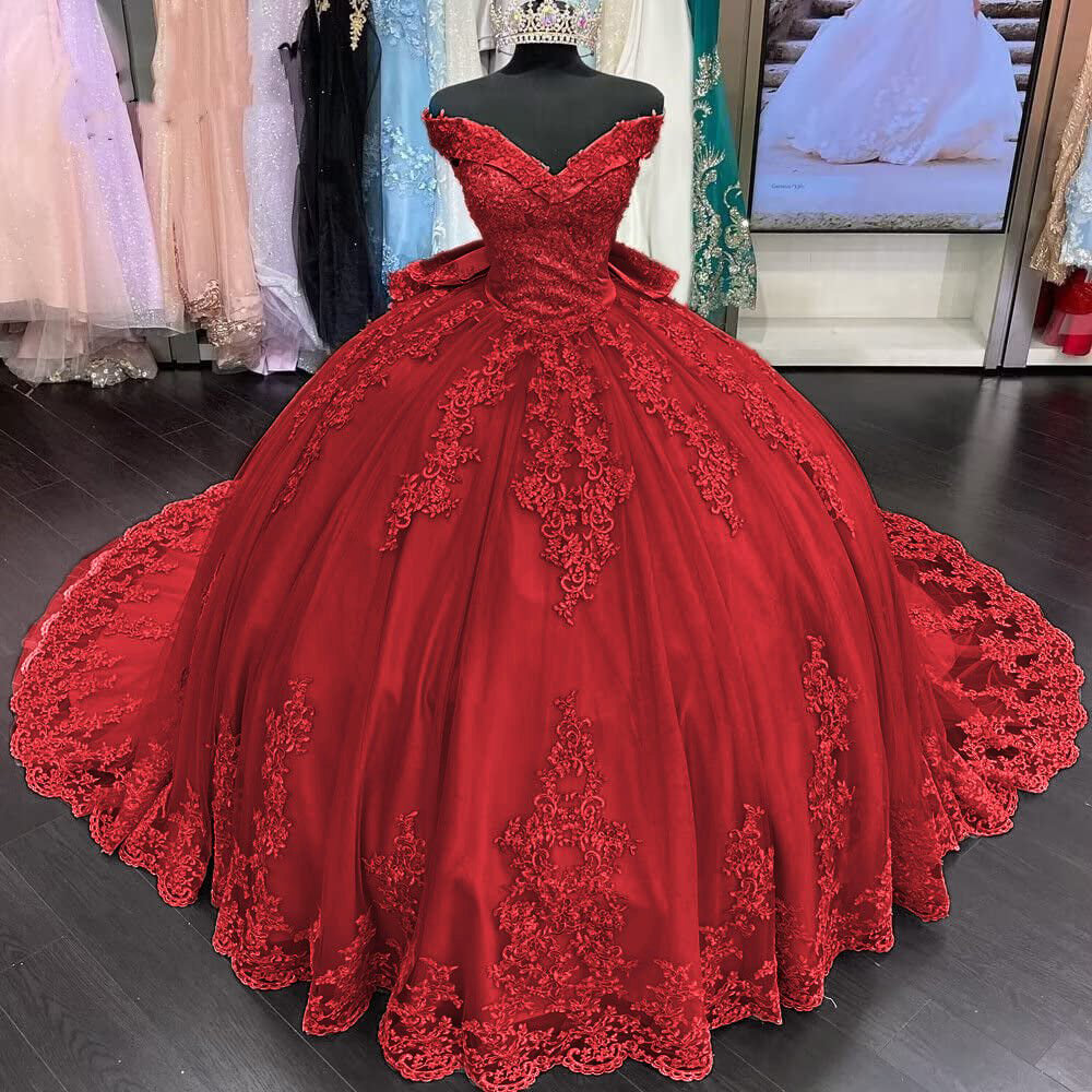 Quinceanera Dress Lace Applique Ball Gown Off Shoulder Princess Tulle Formal Gown Ms2605062