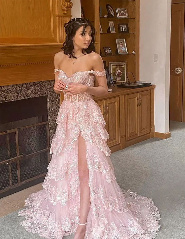 Pink Prom Dress Off Shoulder Lace Appliques Slit Corset A Line Tulle Formal Evening Gowns Ms2607303