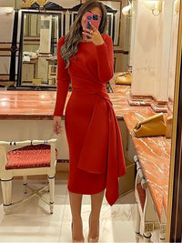 Long Sleeve Formal Dress Asymmetrical Draped Midi Prom Dress Office Cocktail Dress Ms2505085