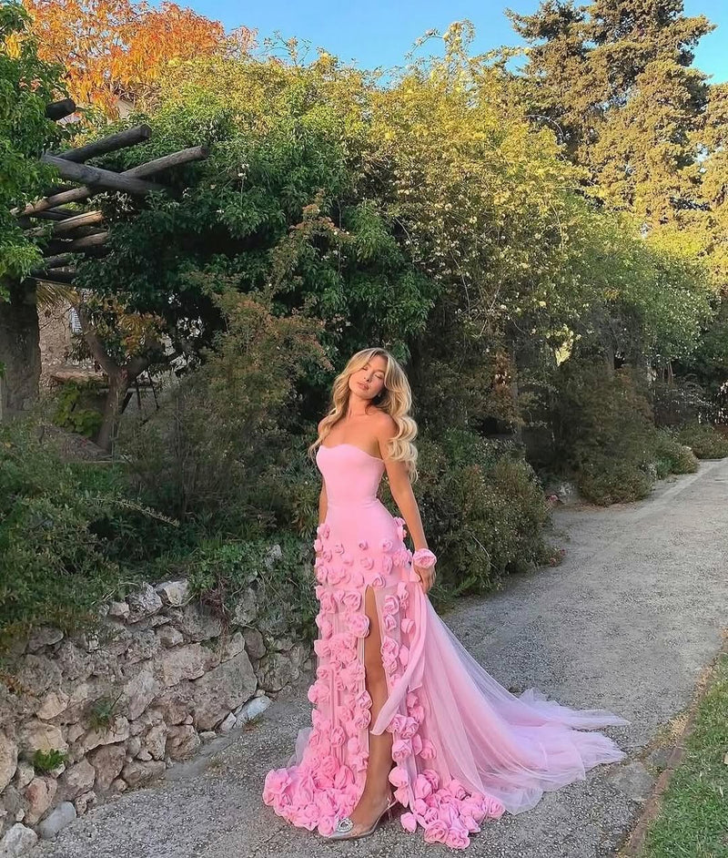 Pink Floral 3D Evening Dress With Slit Romantic Strapless Prrom Dress Formal Gown Ms2505052