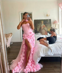 Pink Floral 3D Evening Dress With Slit Romantic Strapless Prrom Dress Formal Gown Ms2505052