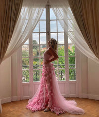 Pink Floral 3D Evening Dress With Slit Romantic Strapless Prrom Dress Formal Gown Ms2505052