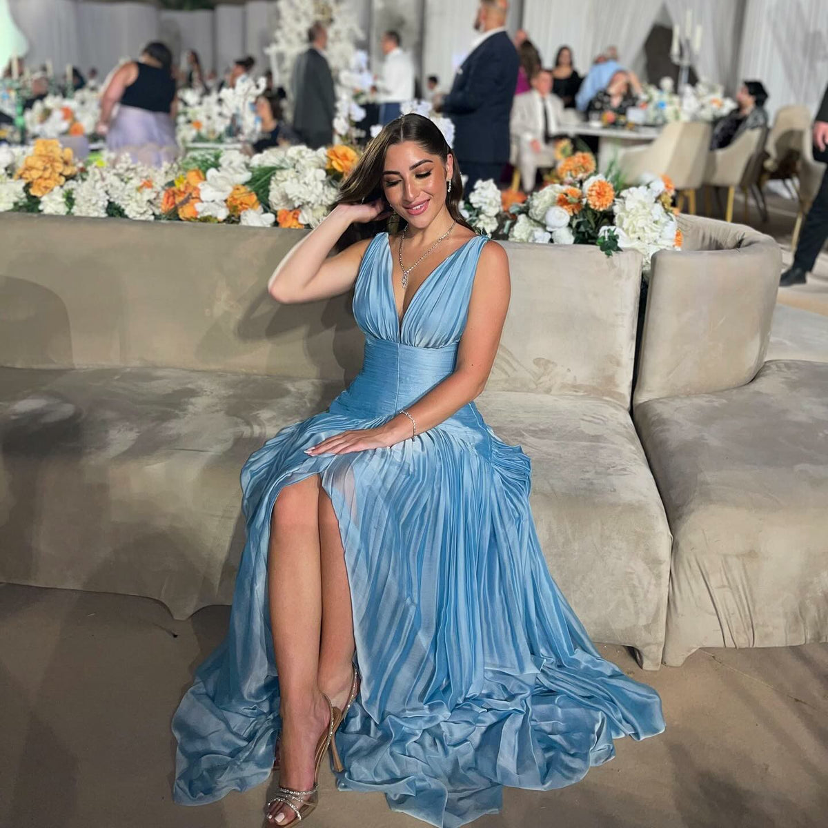 Sexy Deep V Halter Long Prom Dress Ruched Waist Flowing Formal Evening Gown Ms26041441