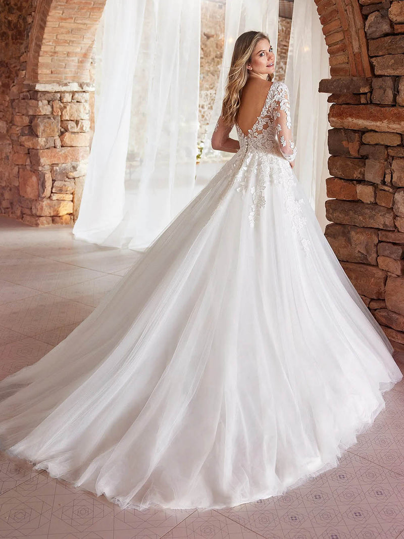 Lace Long Sleeve Ball Gown Wedding Dress Deep V Neck Tulle Bridal Dress with Open Back Ms2601171