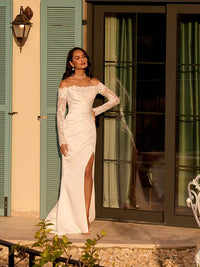 Vestido de novia con apliques de encaje romántico, escote off shoulder, tul en línea A, vestidos de novia Ms2503262