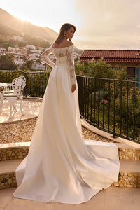 Vestido de novia con apliques de encaje romántico, escote off shoulder, tul en línea A, vestidos de novia Ms2503262