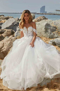 Romantic Off Shoulder Floral Lace Wedding Dress A Line Tulle Beach Bridal Gown Ms2603015