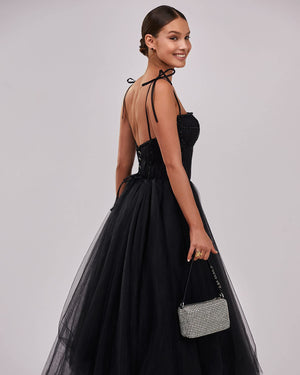 Black Tulle Midi Prom Dress With Corset Tie Straps Elegant Party Gown Ms2601241