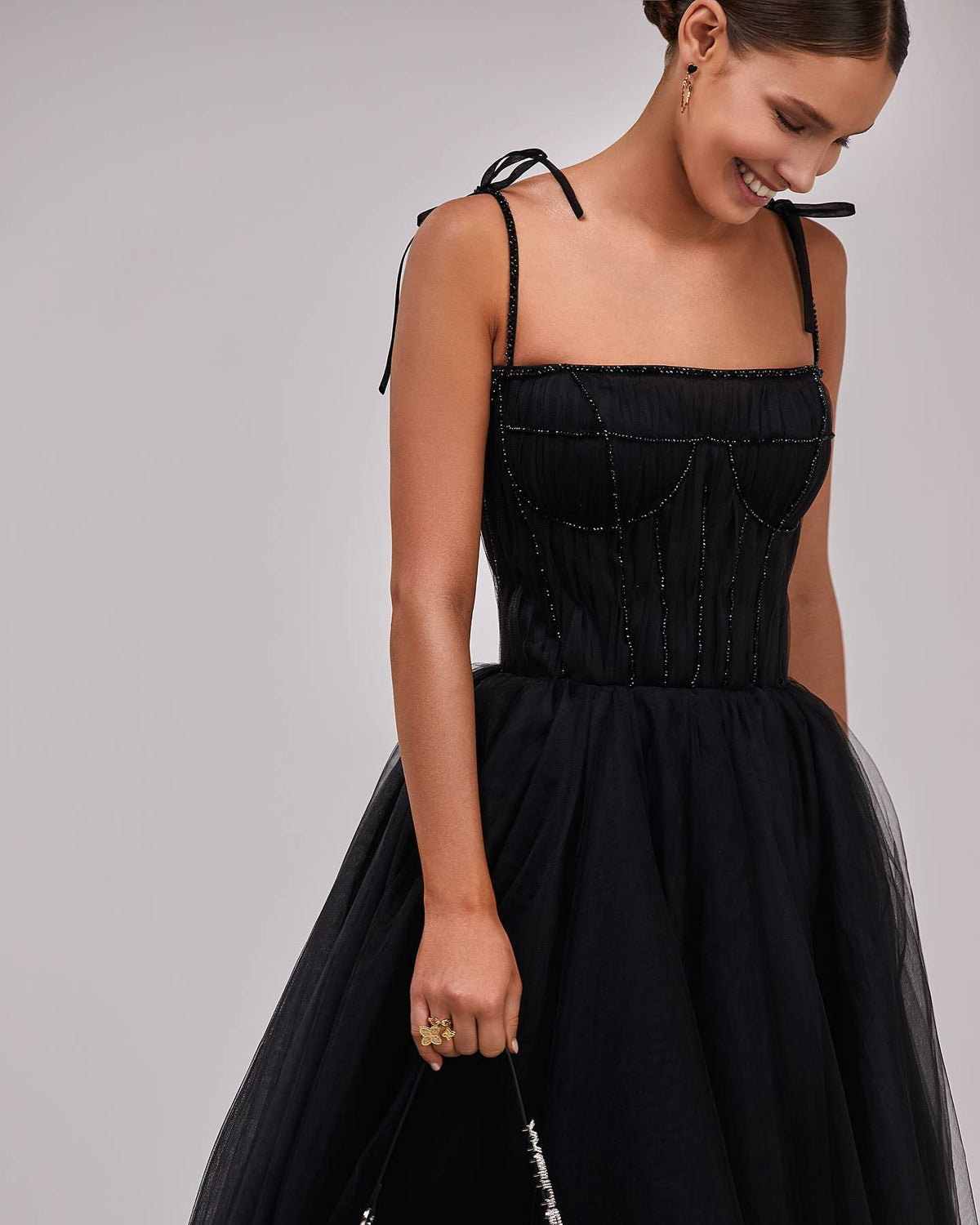 Black Tulle Midi Prom Dress With Corset Tie Straps Elegant Party Gown Ms2601241