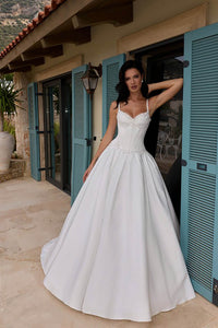 Spaghetti Strap Satin Wedding Dress Corset Ball Gown Beading Bridal Dress Ms2602035