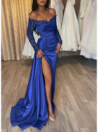 Sequin Long Sleeve Prom Dress Off Shoulder Satin Slit Party Gown Mermaid Evening Dress Ms205111