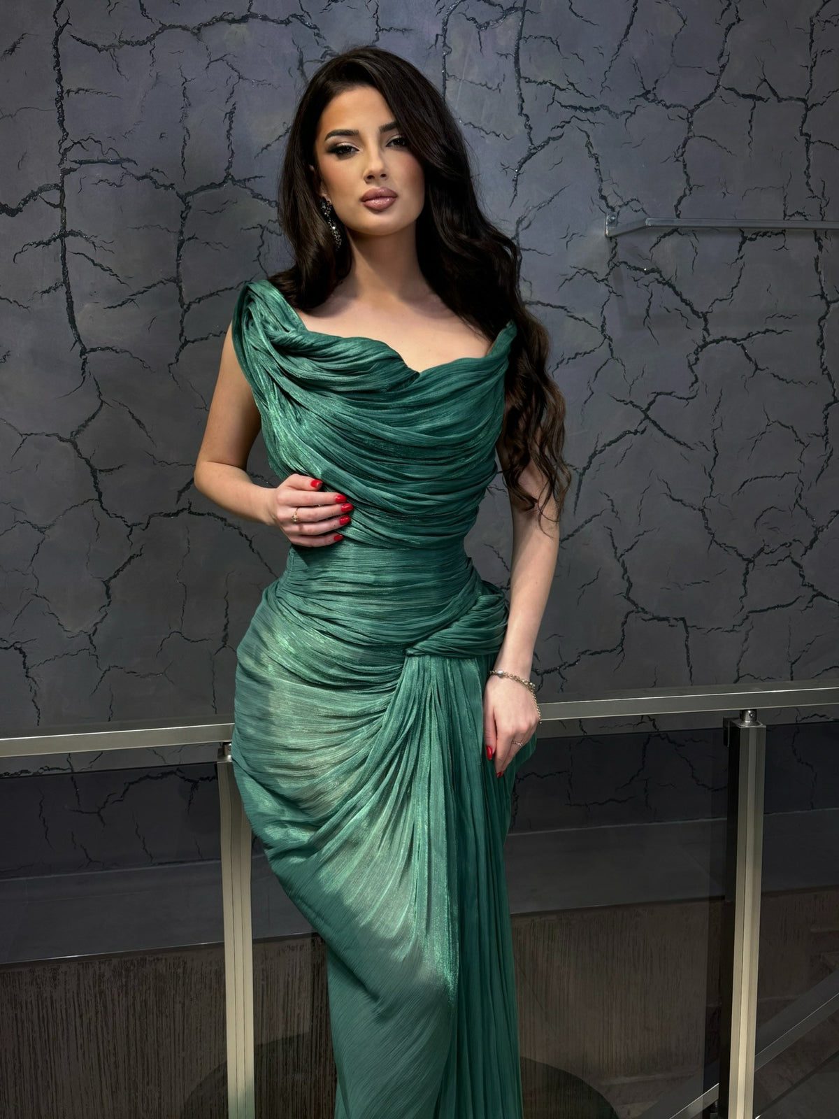 Emerald Green Draped One Shoulder Mermaid Evening Dress Pleated Prom Dress Ms26041822