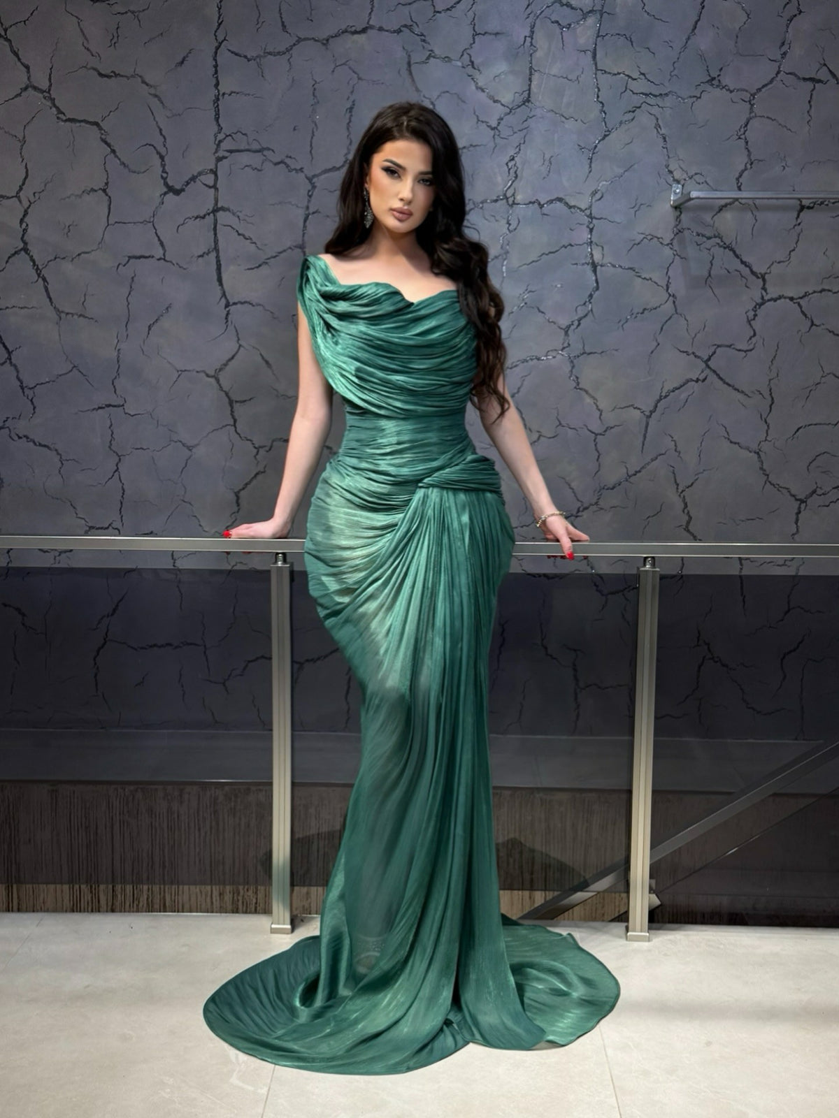 Emerald Green Draped One Shoulder Mermaid Evening Dress Pleated Prom Dress Ms26041822
