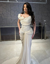 Ivory Off Shoulder Ruched Mermaid Evening Dress Bodycon Formal Prom Gown Ms2604181